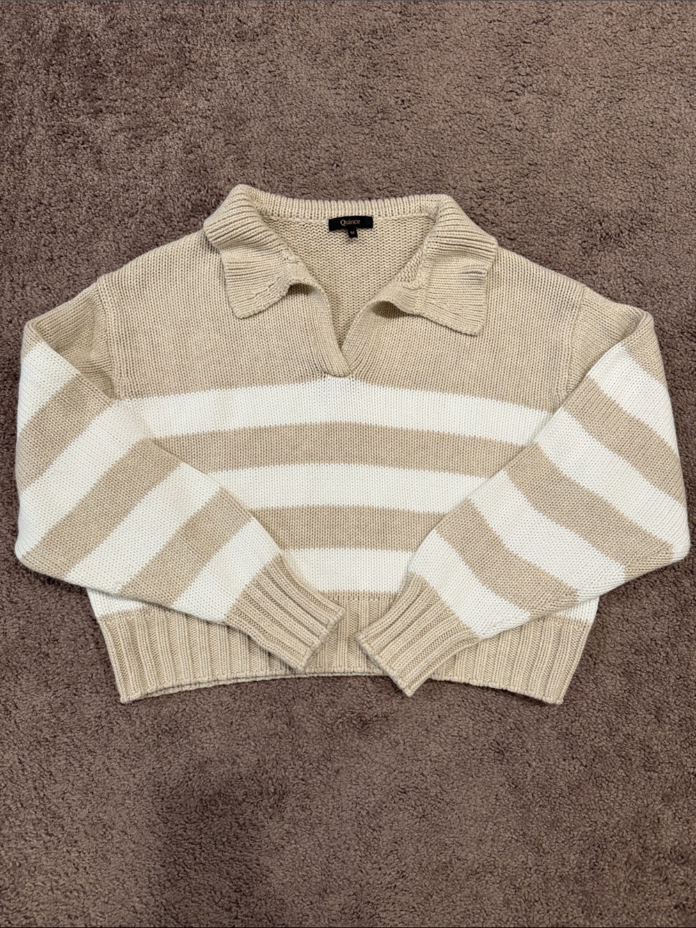 Quince Cropped Striped V-Neck Polo Sweater in Beige and White